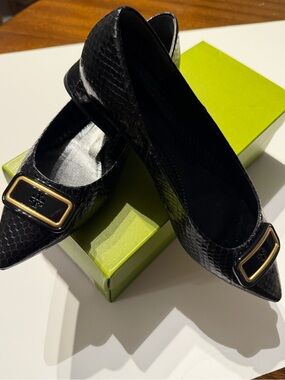 Tory Burch Georgia Black Pointed-Toe Leather Flats with Gold Logo Buckle